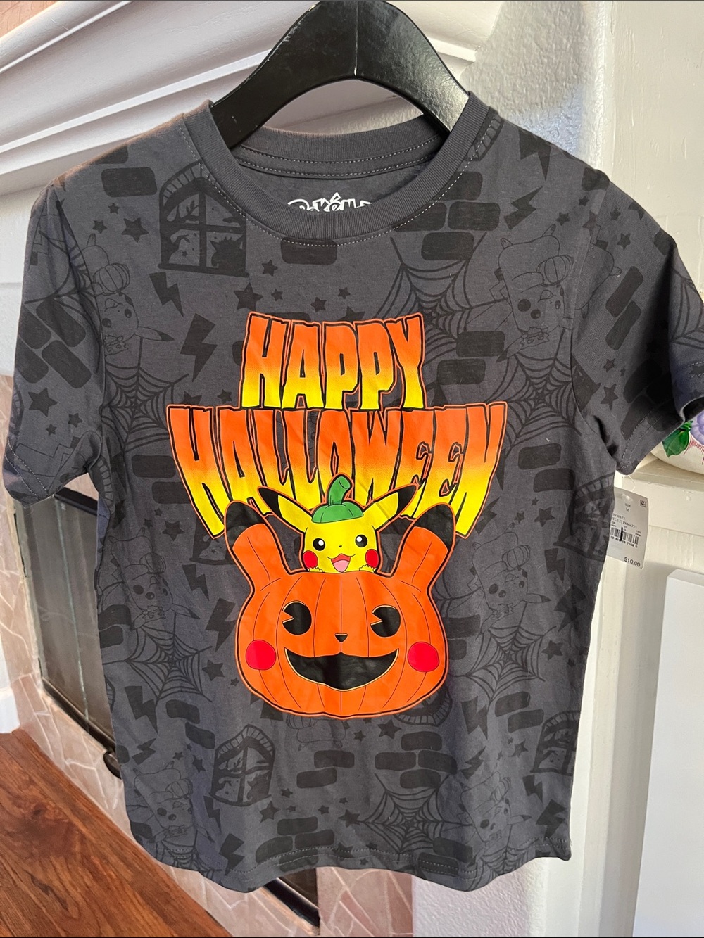 Hybrid Apparel Black Kids Halloween Tee with Orange Pumpkin and Yellow Pikachu